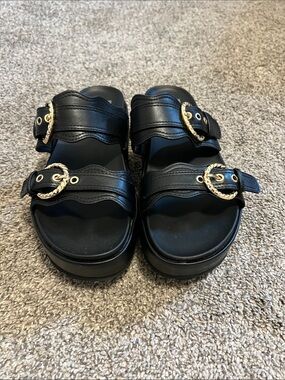 Dolce Vita Black Slide Sandals with Gold Buckles